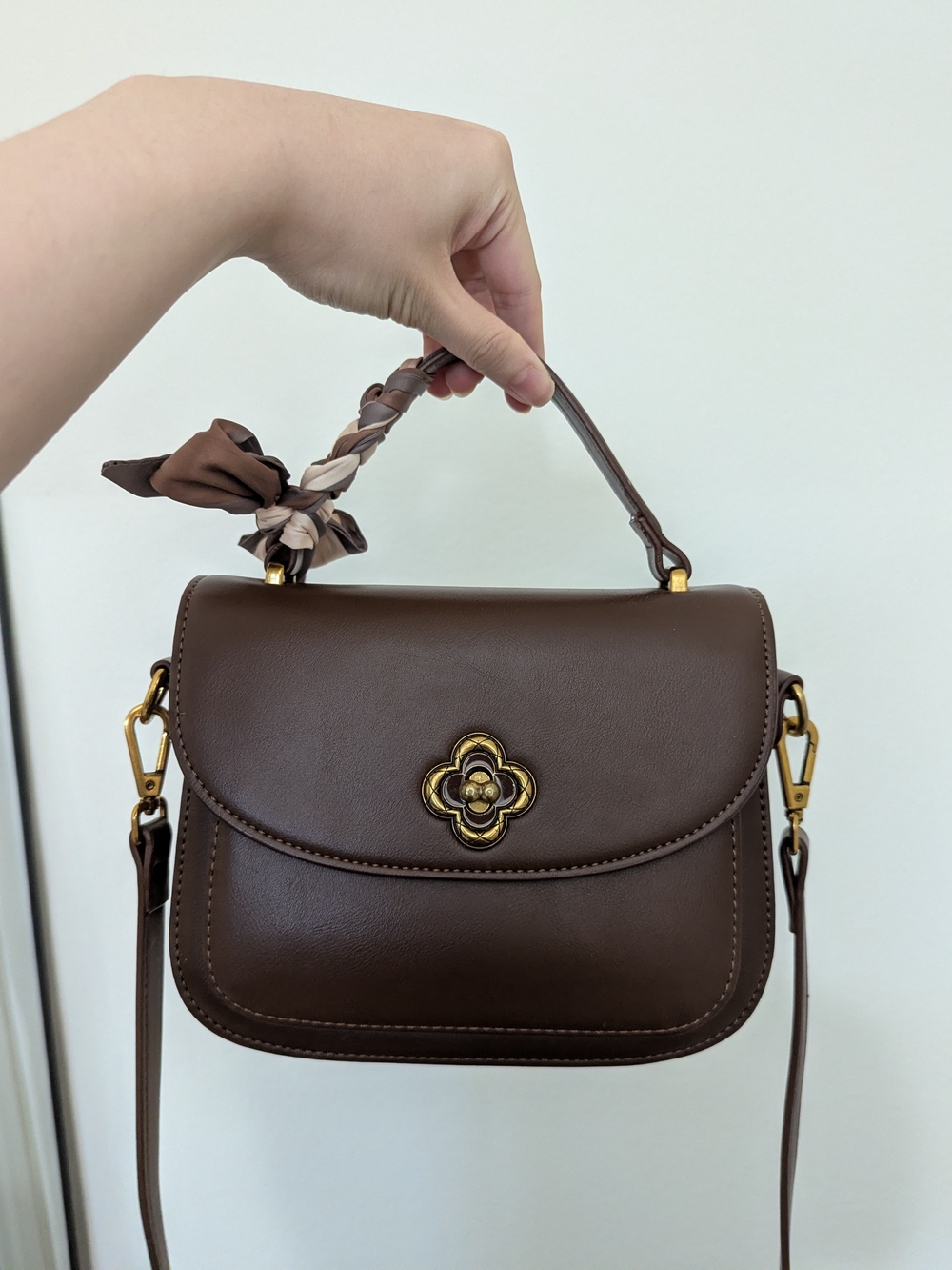 Brown Top Handle Crossbody Bag Floral Turnlock Scarf Charm
